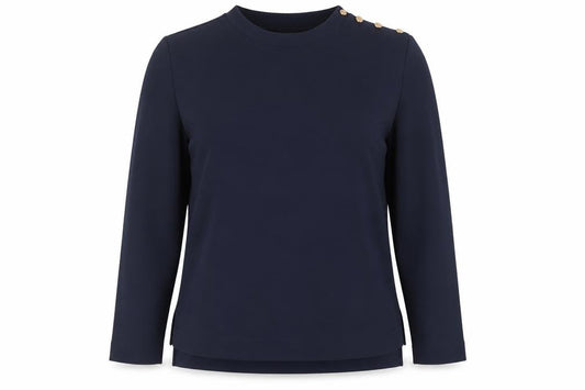 Front view of Monsoon women’s blue polyester basic blouse, size S, round neck