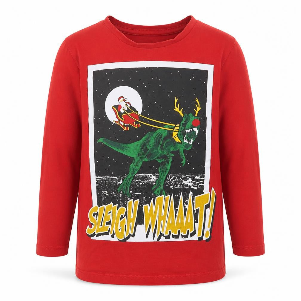 Front view of Dunnes boys’ red cotton basic casual, size 4, years crew neck pullover - christmas