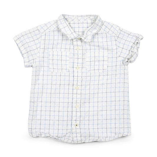 Front view of Fagottino boys’ white plaid cotton basic button-up, size 24, months collared button