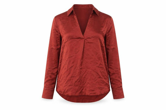 Front view of Peacocks women’s red polyester basic blouse, size UK 12, collared