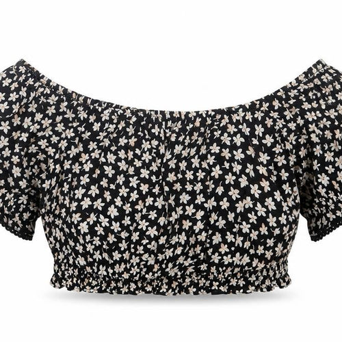Miss Selfridge Womens Black Floral Viscose Cropped T-Shirt Size 6 Off the Shoulder