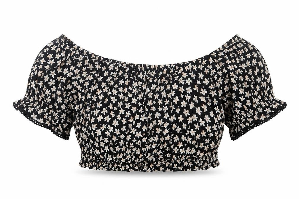 Miss Selfridge Womens Black Floral Viscose Cropped T-Shirt Size 6 Off the Shoulder
