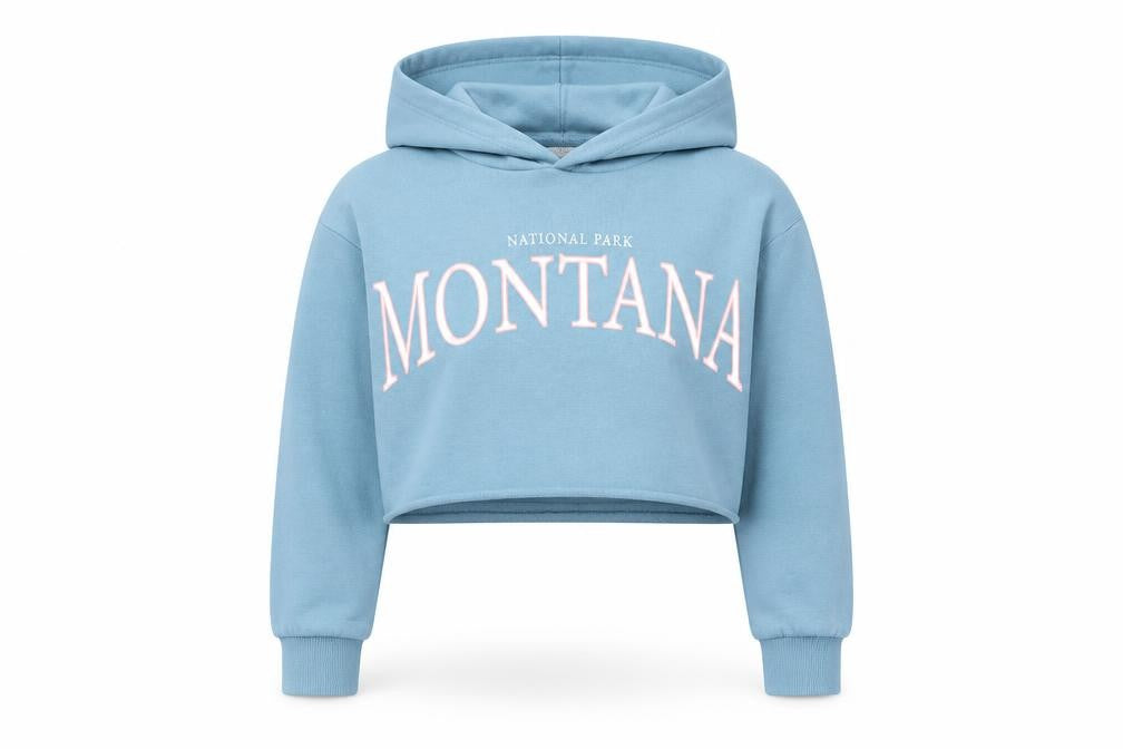 Front view of Matalan girls’ blue cotton pullover hoodie, size 10, years pullover - montana national park