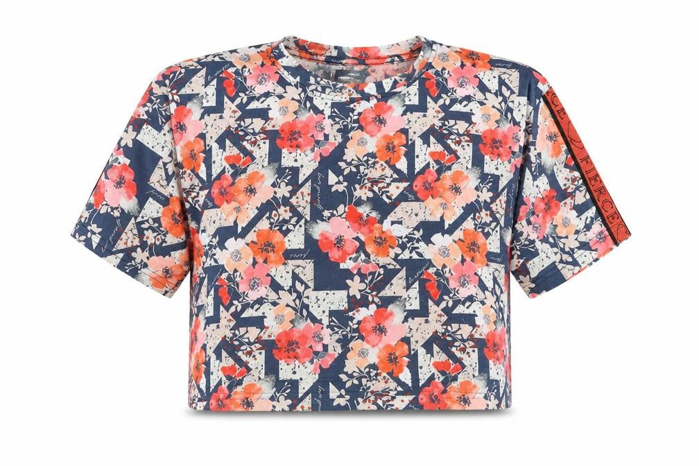 Front view of Studio girls’ blue floral polyester basic t-shirt, size 10-11, years round neck pullover