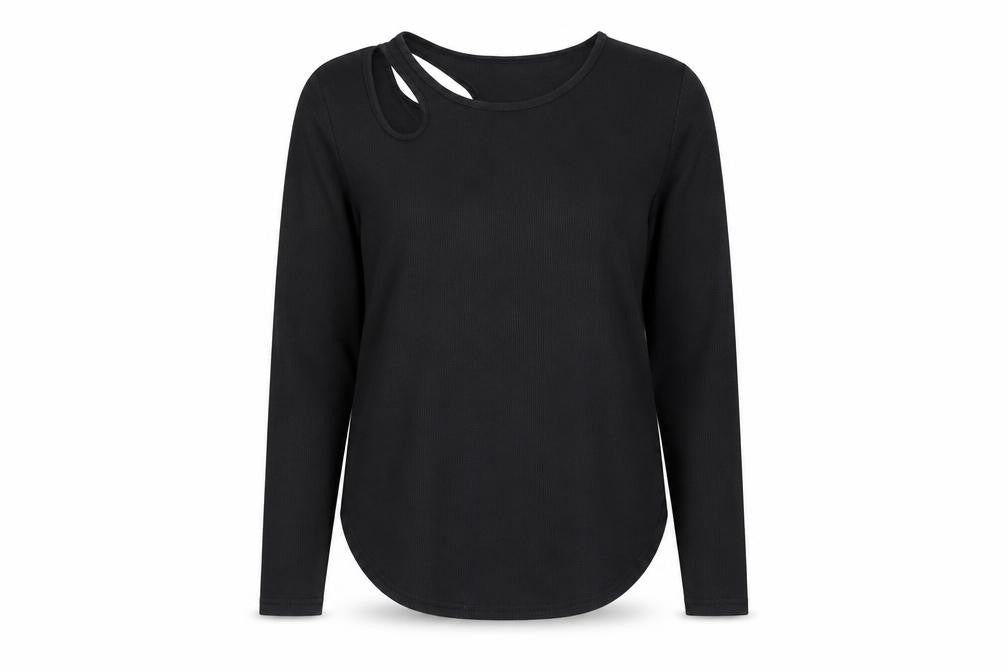 Front view of SHEIN women’s black polyester basic blouse, size M, boat neck - ribbed cut out shoulder
