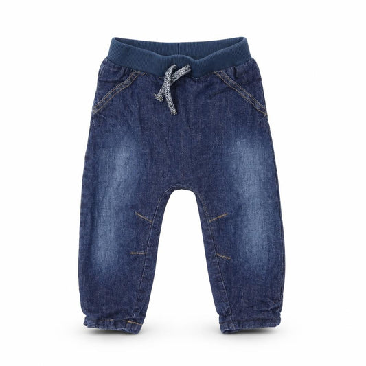 Front view of George boys’ blue cotton capri jeans, size 12-18, months drawstring