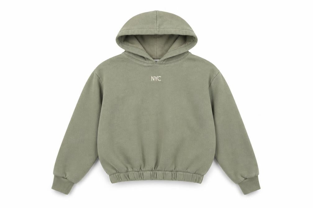 Front view of H&M girls’ green polyester pullover hoodie, size 12-13, years - nyc