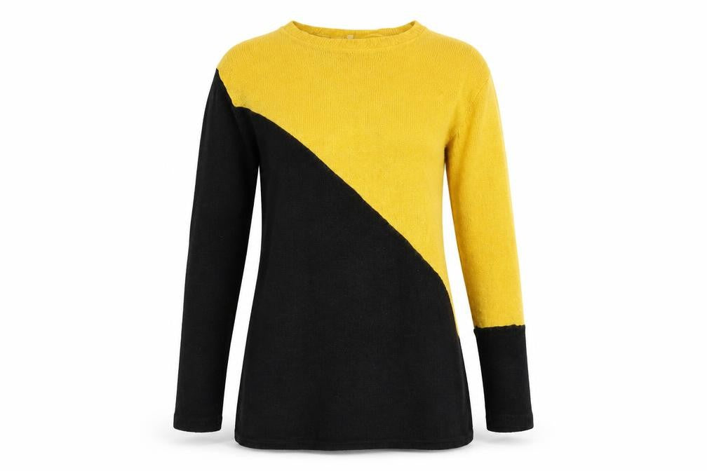 Front view of Preworn women’s yellow round neck geometric polyester jumper, size S