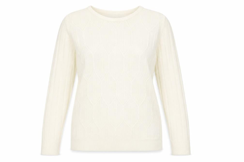 Front view of PARAMOUR women’s white round neck acrylic jumper, size S