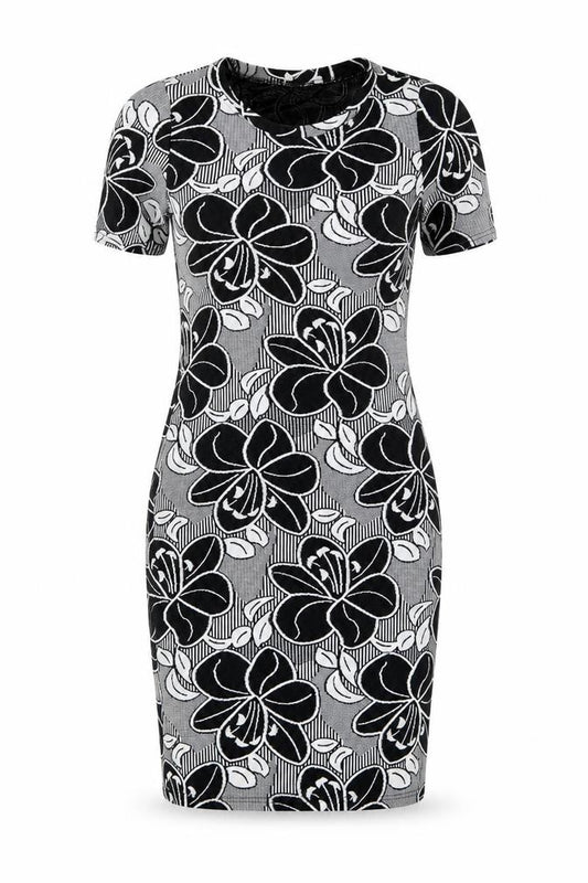 Front view of Peacocks women’s black floral polyester a-line, size UK 8, round neck - flowers