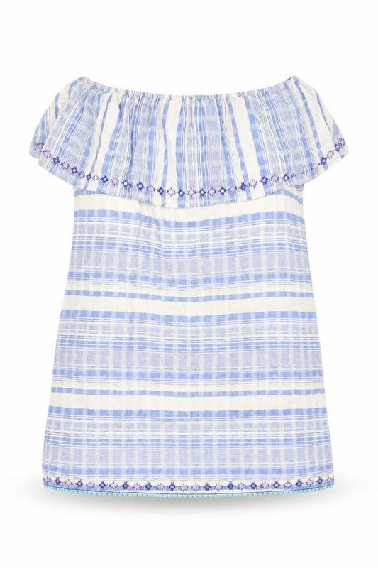 Front view of Accessorize women’s blue striped cotton a-line, size M, off the shoulder
