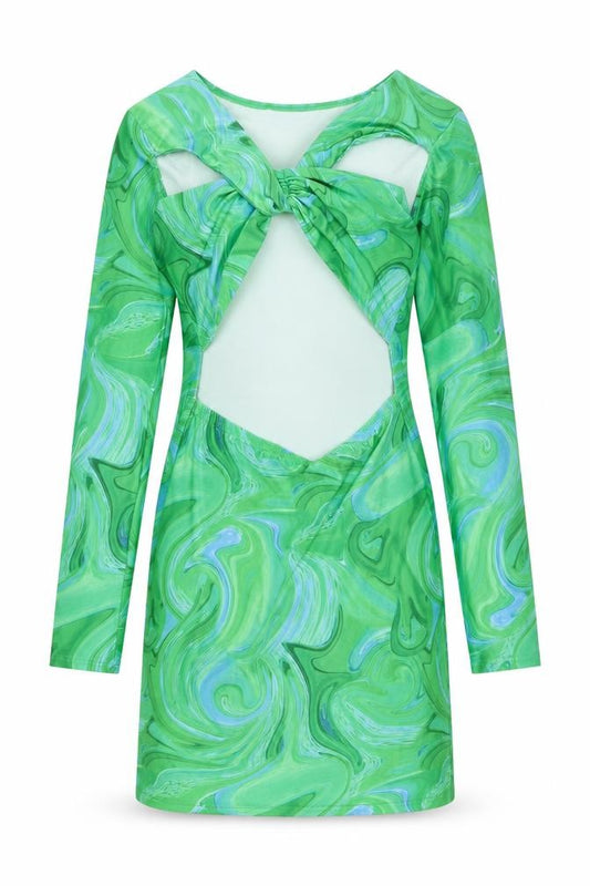 Front view of PRETTYLITTLETHING women’s green geometric polyester a-line, size UK 6, v-neck