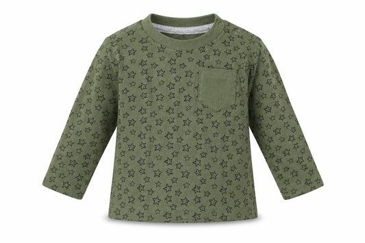 Front view of Early Days boys’ green geometric cotton basic t-shirt, size 6-9, months round neck - stars
