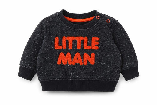 Front view of Early Days boys’ black cotton jumper, size 3-6, months snap - little man