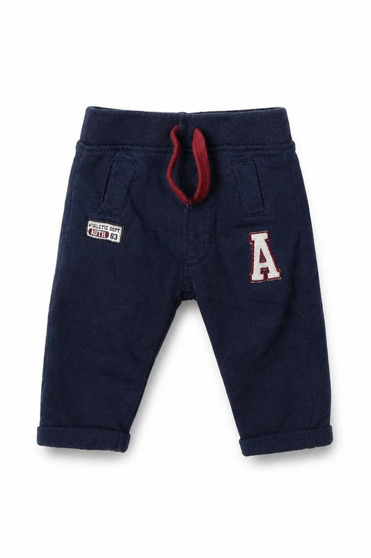 Front view of Baby boys’ blue cotton jogger trousers, size 0-3, months drawstring