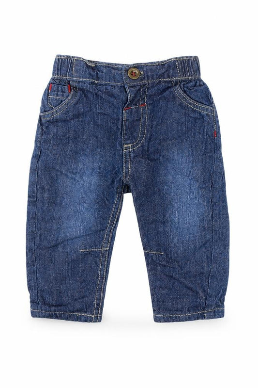 Front view of Dunnes boys’ blue cotton cargo trousers, size 3-6, months button