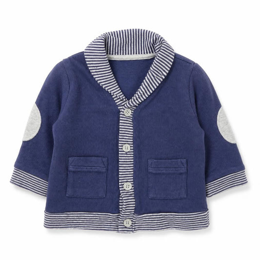 Front view of George boys’ blue striped cotton cardigan jumper, size 3-6, months button