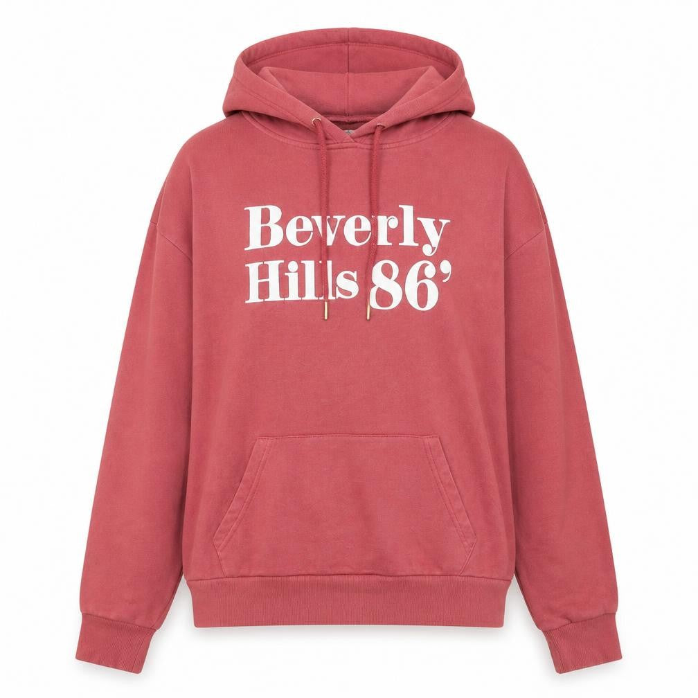 Front view of Primark women’s red cotton pullover hoodie, size UK 10, drawstring - beverly hills