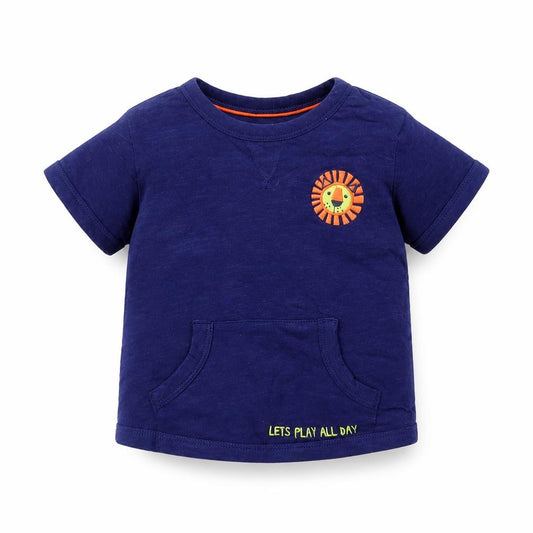 Front view of Mini Club Baby Blue Cotton Pullover T-Shirt, size 3-6, Months Crew Neck Snap - Lion