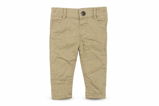 Front view of Denim & Co. Baby Beige Cotton Jogger Trousers, size 3-6, Months Snap
