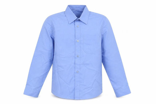 Front view of Dunnes boys’ blue polyester basic button-up, size 9-10, years collared button