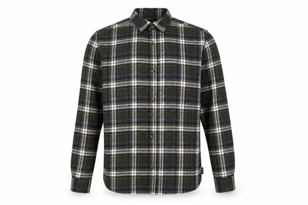 Front view of Only & Sons men’s green plaid cotton button-up, size S, collared button