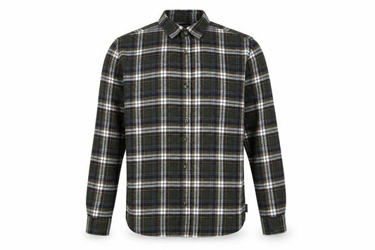Front view of Only & Sons men’s green plaid cotton button-up, size S, collared button