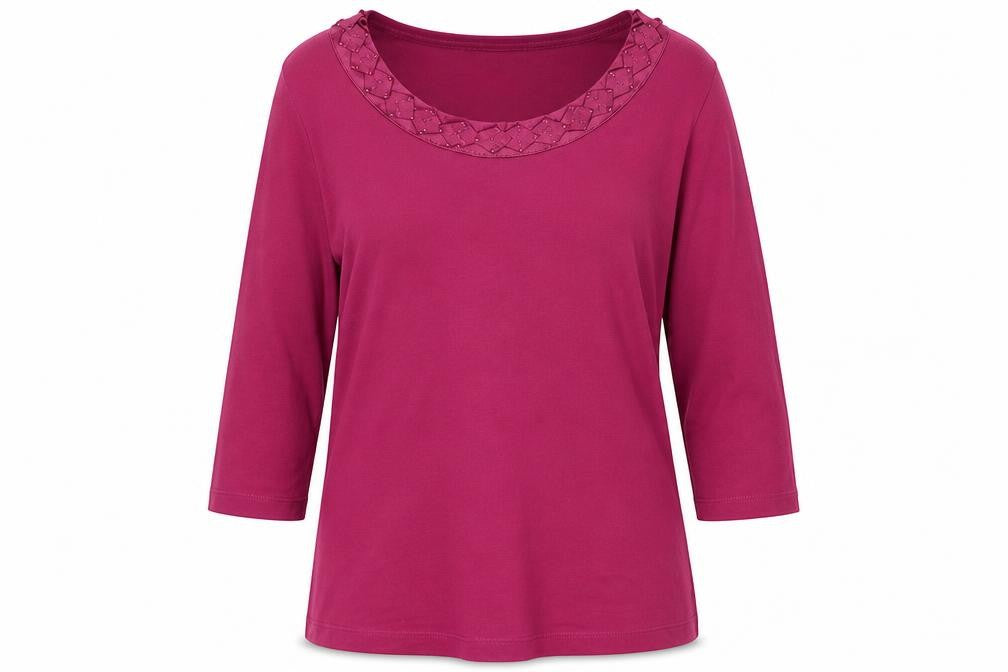 Front view of Marks & Spencer women’s pink round neck polyester jumper, size UK 12
