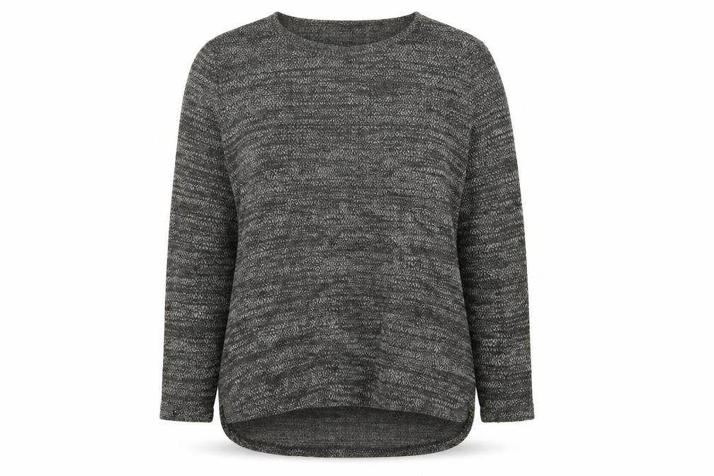Front view of New Look women’s green round neck geometric polyester jumper, size UK 12