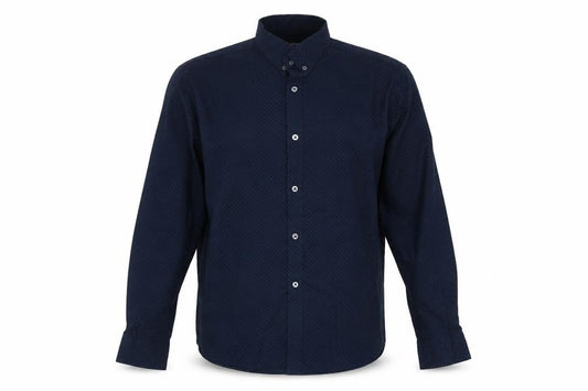Front view of George men’s blue geometric cotton button-up, size 16.5 collared button