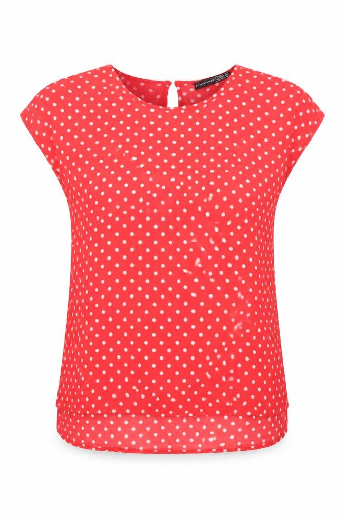 Front view of Atmosphere women’s red polka dot viscose basic t-shirt, size UK 8, round neck