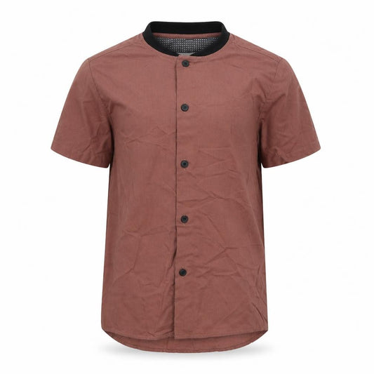 Front view of Next boys’ brown polyester basic button-up, size 6, years round neck button