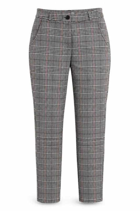Front view of MS Station women’s grey plaid polyester trousers, size UK 24, in, 29-inch leg regular zip