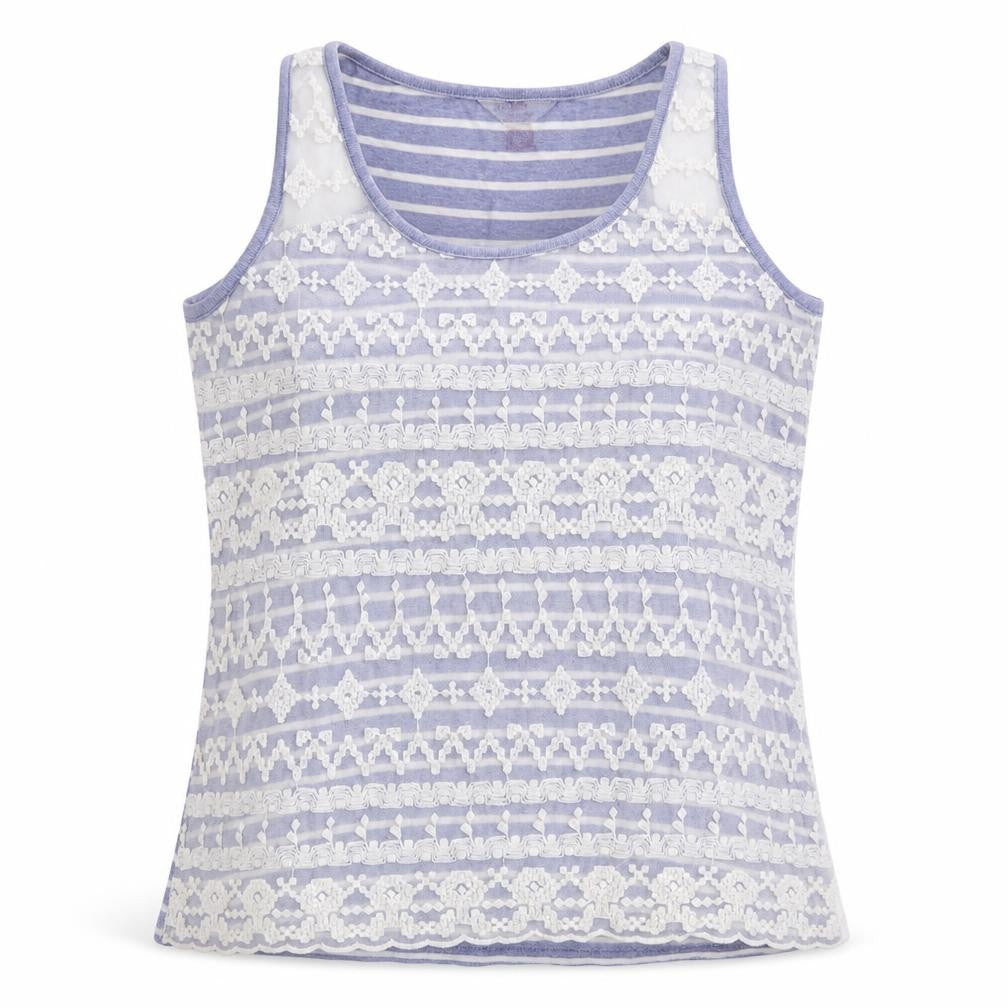 Front view of Palmer women’s blue striped cotton basic tank, size UK 14, scoop neck - lace front