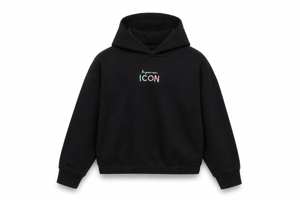 Front view of Marks & Spencer girls’ black cotton pullover hoodie, size 9-10, years pullover - icon