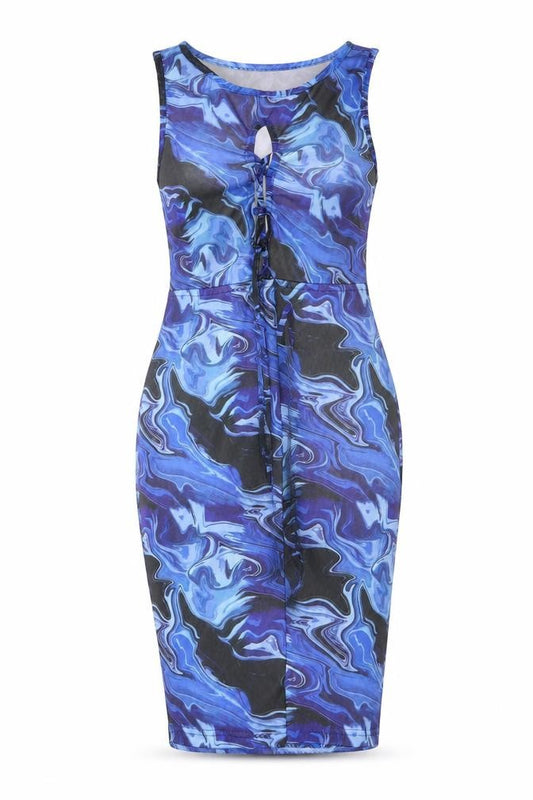 Front view of Naanaa women’s blue geometric polyester bodycon, size UK 6, round neck pullover