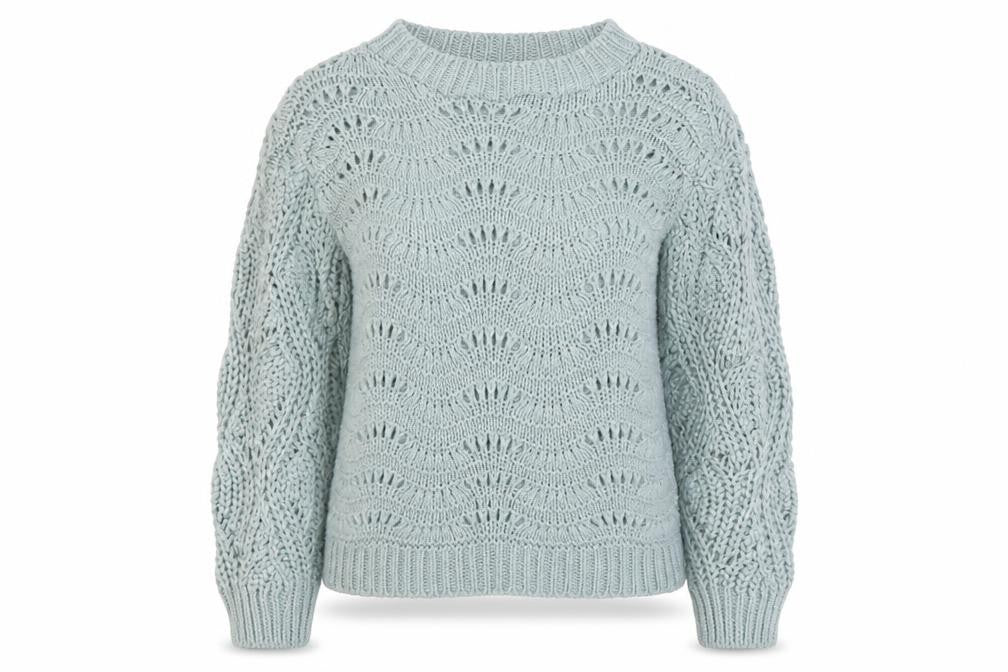 Front view of Dorothy Perkins women’s blue round neck acrylic jumper, size S
