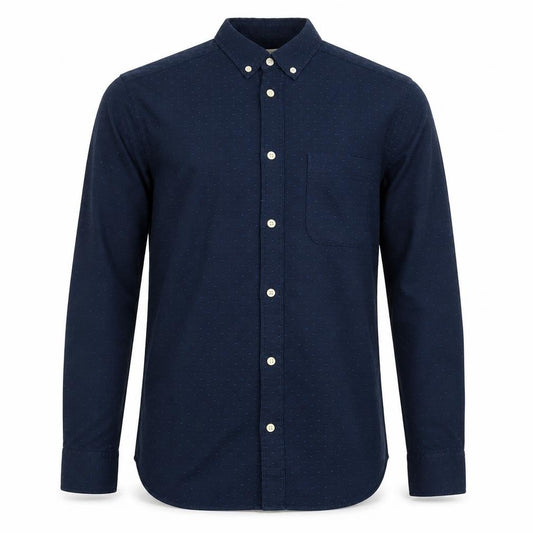 Front view of H&M men’s blue geometric cotton button-up, size S, collared button