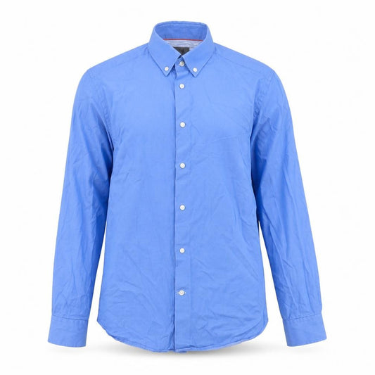 Front view of H&M men’s blue cotton button-up, size S, collared button