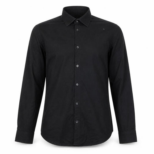 Front view of H&M men’s black polyester button-up, size S, collared button
