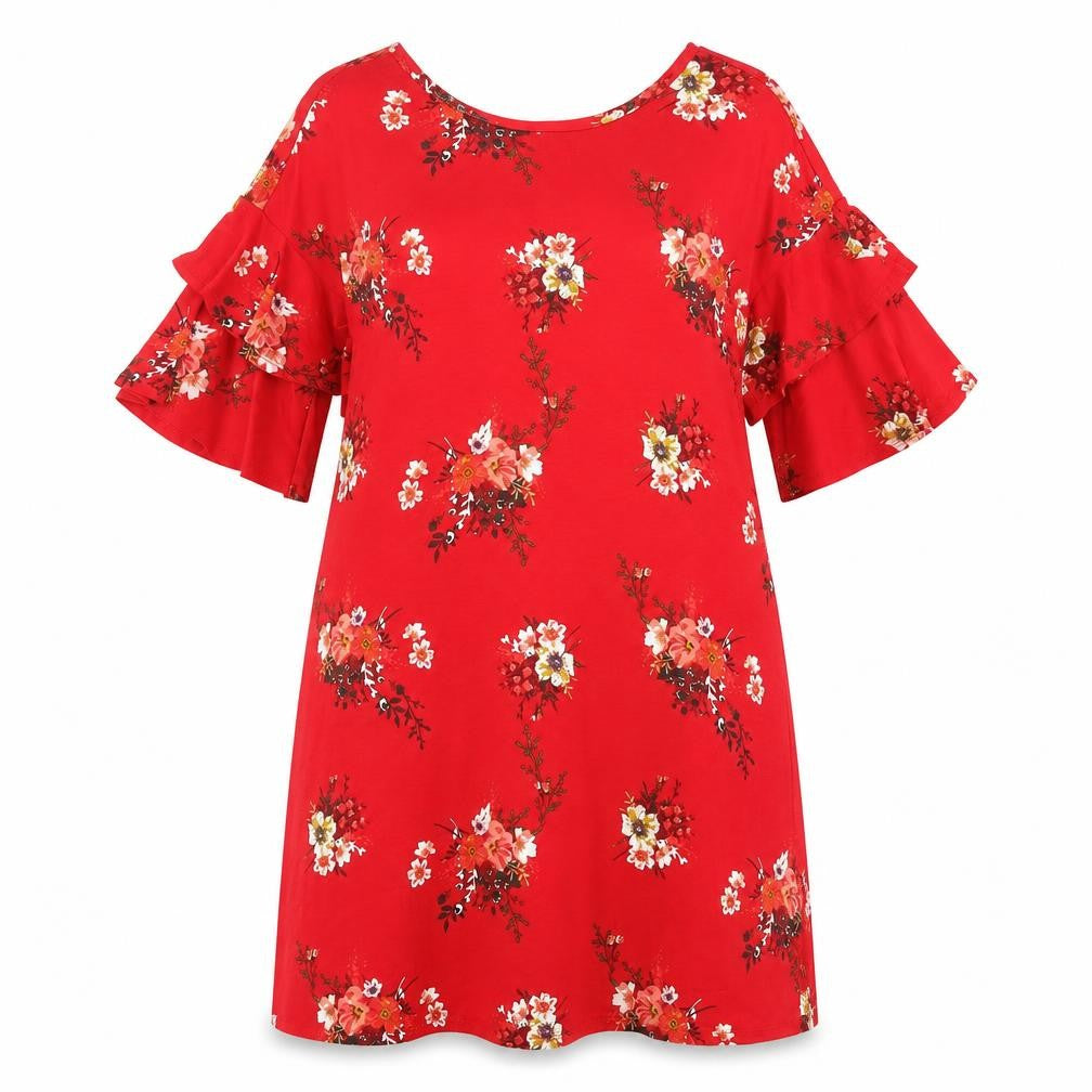 George Womens Red Floral Viscose A-Line Size 10 Crew Neck Pullover - Frill Sleeves