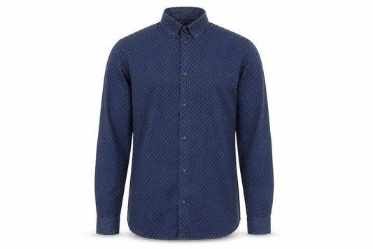 Front view of Next men’s blue geometric cotton button-up, size S, collared button