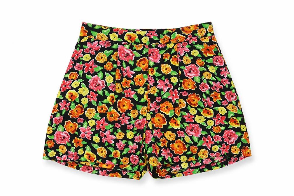 Front view of Savida women’s multicoloured floral polyester bermuda shorts, size S, 4-inch leg regular zip