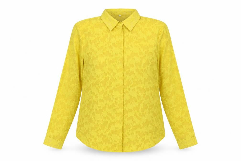 Preworn Womens Yellow Geometric Polyester Basic Button-Up Size L Collared - Textured