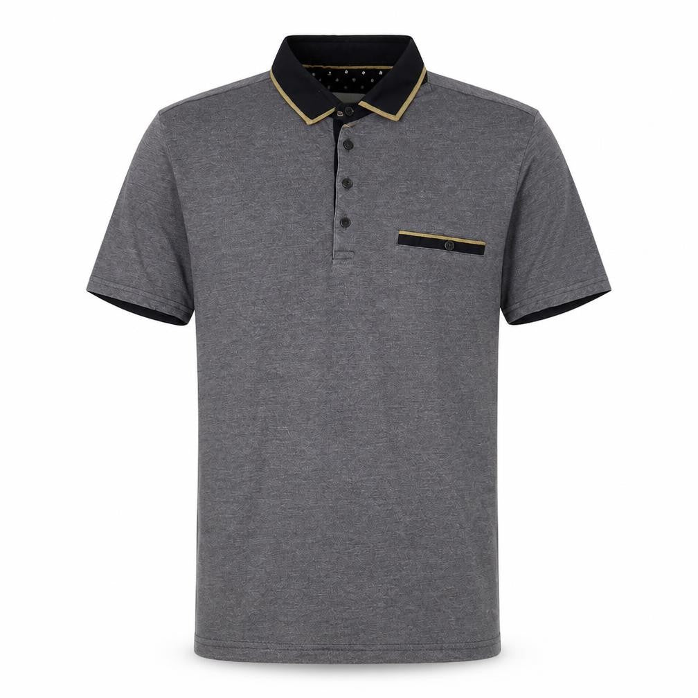 Front view of Nineteen Twenty Two men’s grey cotton polo, size S, collared button