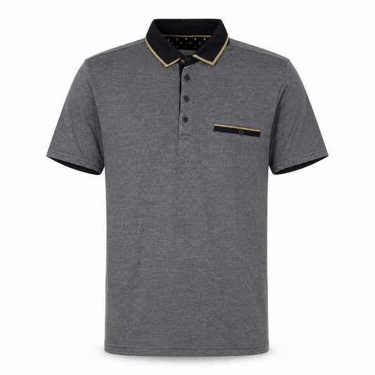 Front view of Nineteen Twenty Two men’s grey cotton polo, size S, collared button