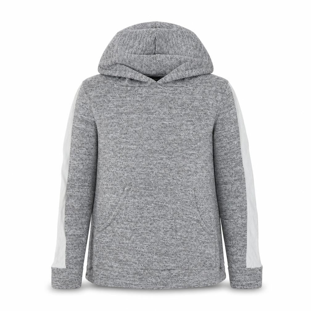 Front view of Boohoo women’s grey acrylic pullover hoodie, size UK 6, pullover
