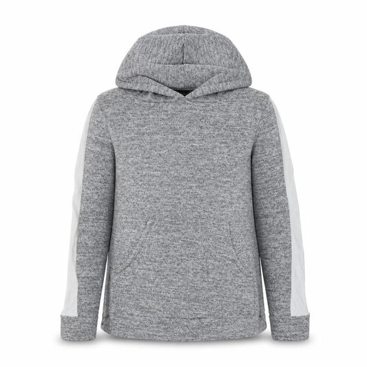 Front view of Boohoo women’s grey acrylic pullover hoodie, size UK 6, pullover