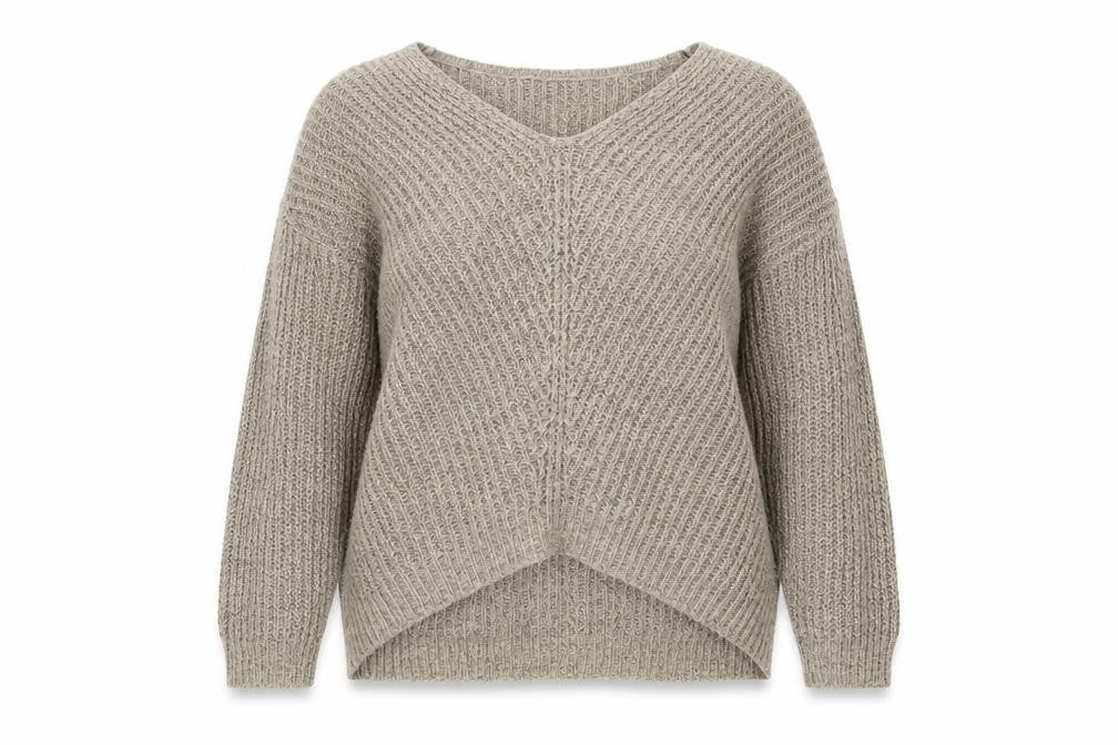 Front view of JDY women’s brown v-neck acrylic jumper, size L