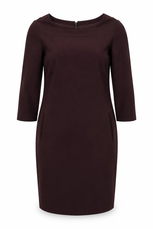 Front view of Sandwich women’s red polyester pencil dress, size UK 12, round neck zip